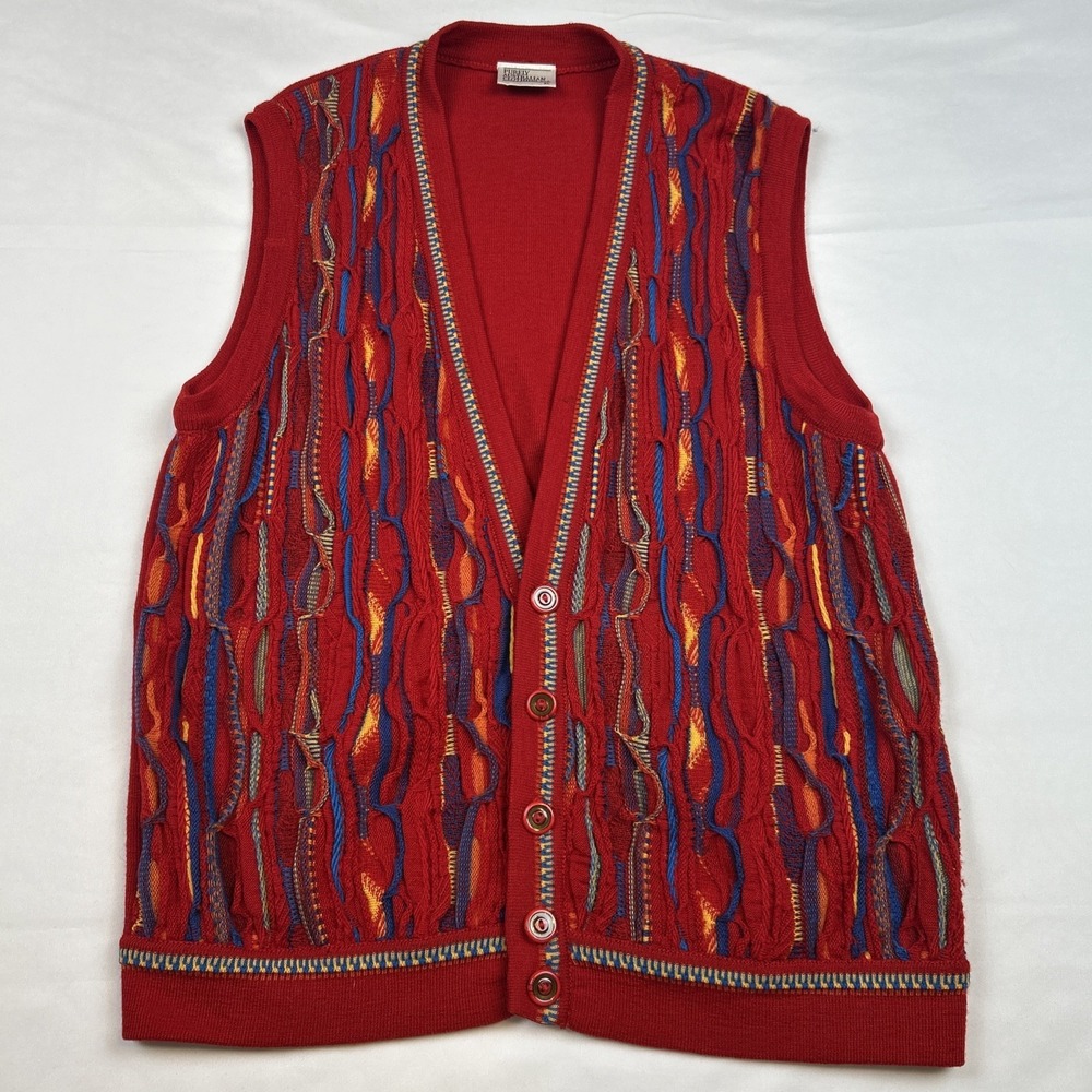 VTG Purely Australian Clothing Coogi Style Vest Sz XL Cardigan Red 3D Knit Cosby